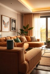Fototapeta premium Elegant Living Room with Modern Decor and Bright Natural Lighting