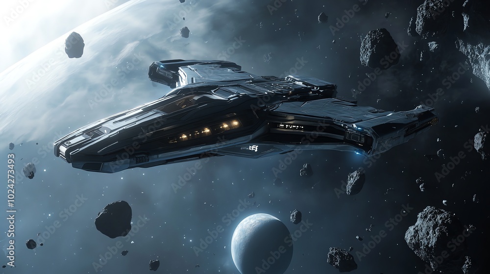 Aufkleber a futuristic spaceship soars through an asteroid field in deep space.