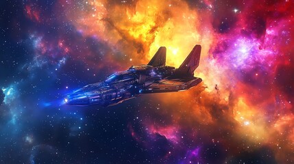 Obraz premium A futuristic spaceship flying through a colorful nebula in outer space.