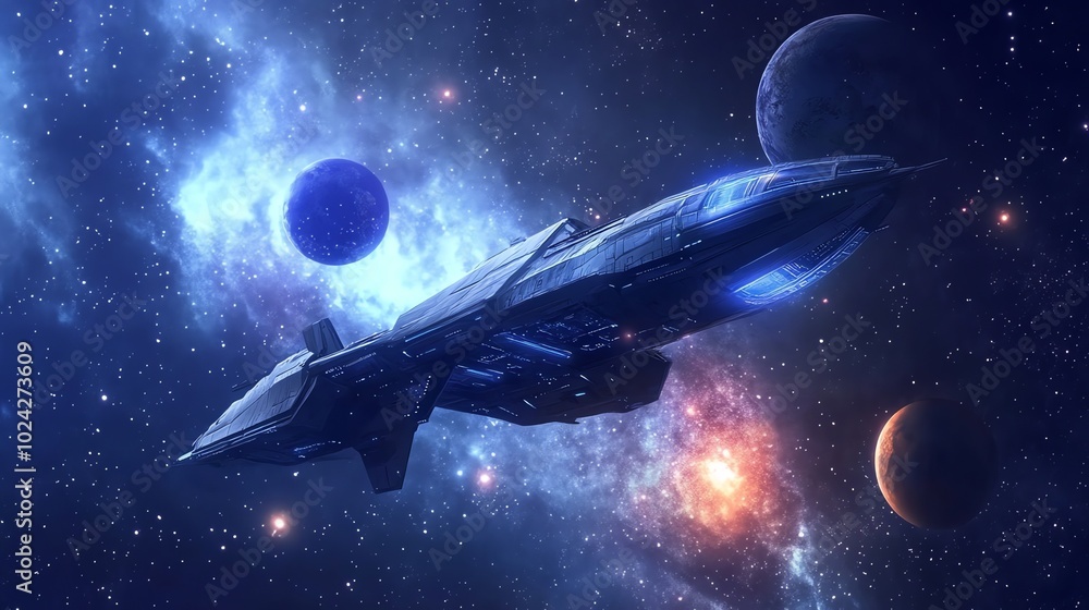 Poster a futuristic spaceship travels through space with a nebula in the background.