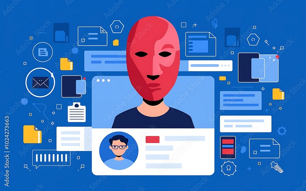 Poster masked hacker identity theft: a stylized illustration depicting a masked hacker's online profile, su