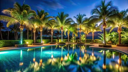 Close-Up nighttime pool landscape with lit palm trees and pool