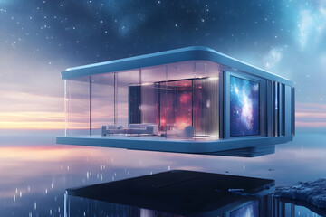Futuristic Glass House Floating Above Clouds 3D Illustration