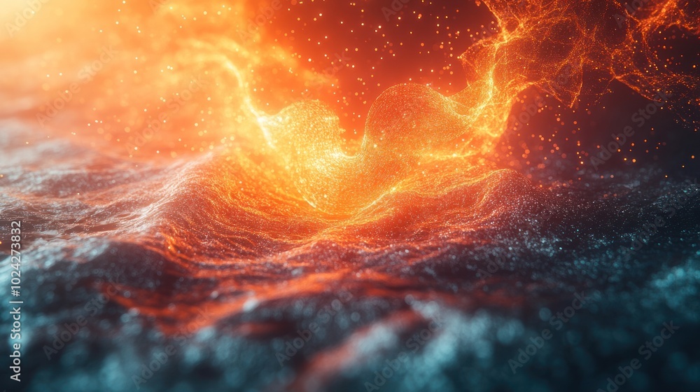 Poster abstract fiery heart shape with glowing particles and textured surface.
