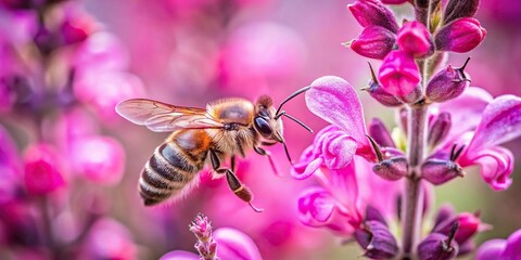 Close-up of a bee searching for nectar in a pink flower of the ornamental sage