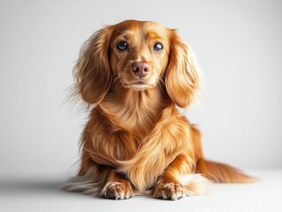 Adorable brown dachshund sitting and looking ahead with floppy ears framing its face, set against a plain white background, creating a cute and alert look
