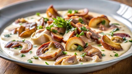 Close-up of a creamy bacon dish with mushrooms in a restaurant
