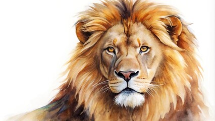 Fototapeta premium Watercolor painting of lion close-up isolated on white background