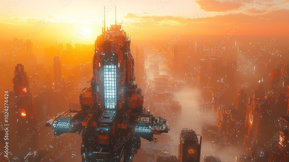 Poster a futuristic cityscape with a large, hovering structure in the foreground, bathed in the warm glow o