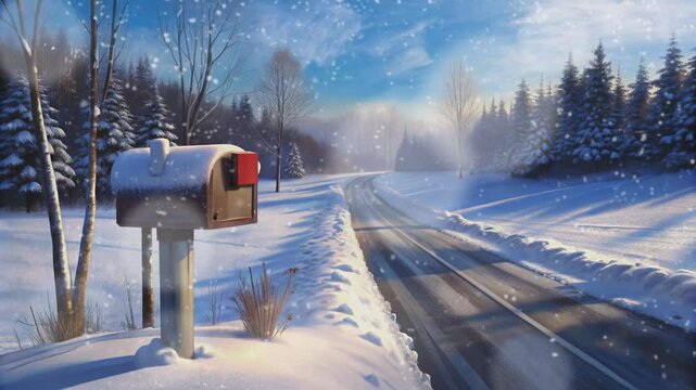 snow covered streets and mailboxes during snowfall against a clear sky background