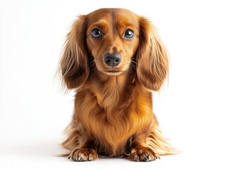 Brown dachshund sitting with big, expressive eyes and floppy ears, looking directly ahead, against a plain white background, creating a cute and alert appearance
