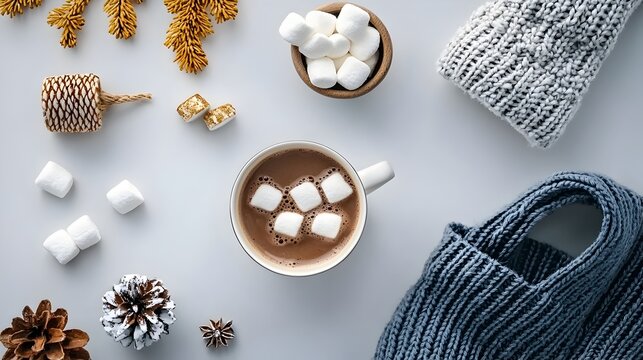 Cozy winter accessories including a knit scarf gloves and hat arranged in a flat lay composition alongside a mug of warm cocoa topped with fluffy marshmallows  The image evokes a sense of comfort