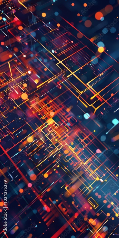 Poster a colorful image of a cityscape with many dots and lines