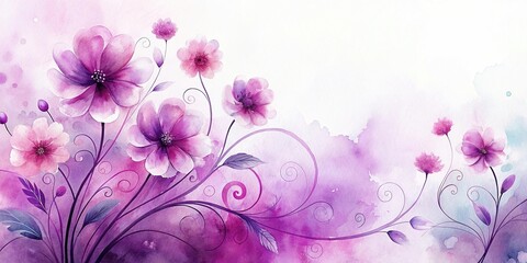 Watercolor painting of purple and pink flowers with abstract swirls minimalist
