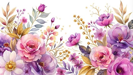 watercolor painting of purple and pink flowers with gold accents on white background