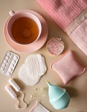 Una mesa con varios art&iacute;culos asociados al autocuidado menstrual: toallas sanitarias, una copa menstrual, tampones, una taza de t&eacute;, y una bolsa de agua caliente.