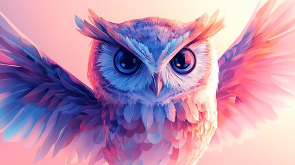 Abstract owl illustration with symmetrical features and geometric shapes, large round eyes and straight lines for wings, set against a soft gradient background. Smooth and clean lines, no shading,