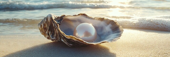 large luminescent pearl in oyster shell, sandy beach, bright sunny day