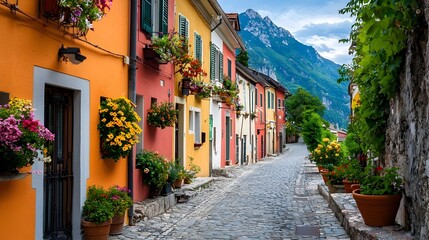 Fototapeta premium Vibrant cobblestone street lined with colorful historic buildings and a traditional European cityscape Picturesque old town architecture and scenery perfect for travel and tourism imagery