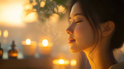 Young Asian woman enjoying aromatherapy session with candles and essential oils
