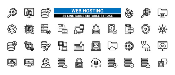 36 Web Hosting Line Icons Set Pack Editable Stroke Vector Illustration.
