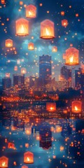 Obraz premium Sky lanterns illuminate the night sky over a vibrant city skyline, creating a magical and serene atmosphere with reflections in the water.