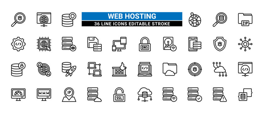 36 Web Hosting Line Icons Set Pack Editable Stroke Vector Illustration.