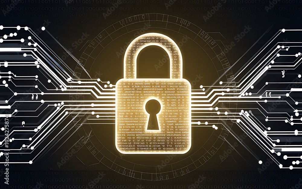 Poster digital fortress: a glowing padlock, crafted from binary code, stands secure on a circuit board back