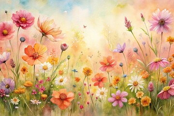 watercolor painting of spring wild flowers in grass