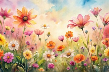 watercolor painting of spring wildflowers in grass with pinks and oranges