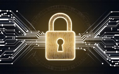 Digital Fortress: A glowing padlock, crafted from binary code, stands secure on a circuit board backdrop, symbolizing impenetrable digital security