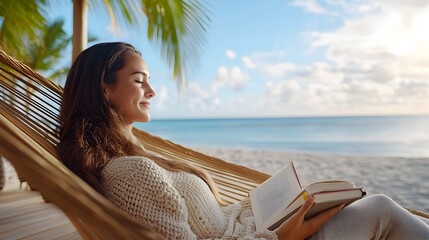 Woman relaxing in a comfortable hammock surrounded by the tranquil ocean and sandy beach immersed in a book and finding a moment of serenity and rejuvenation during her beachside vacation