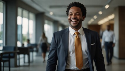 Fototapeta premium African American businessman laughing while walking through a modern office