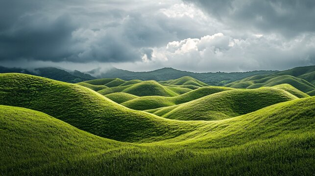 A verdant terrain of rolling hills beneath a serene, cloud-strewn sky inspires reflection and awe in the beauty of nature.