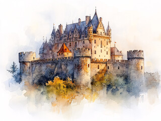  a watercolor painting of a castle with a moat. The castle has a tall tower with a pointed roof and two turrets. The moat is filled with water. The painting is done in an impressionistic style.