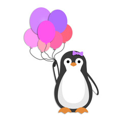 A cheerful penguin girl holds vibrant balloons against a bright backdrop, capturing a joyful moment filled with playful energy