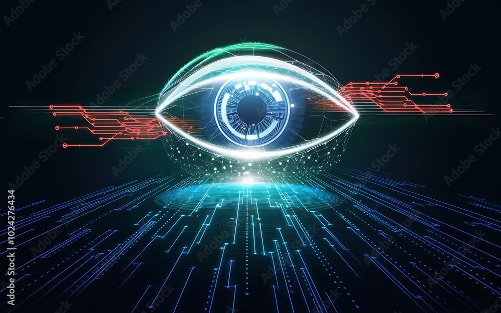Poster cyber eye: a mesmerizing digital eye pulsates with energy, surrounded by intricate circuits and data