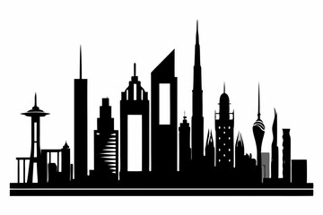 Dubai City Skyline Silhouette, City Buildings Black Silhouette Vector, Dubai Skyline Cityscape Silhouette