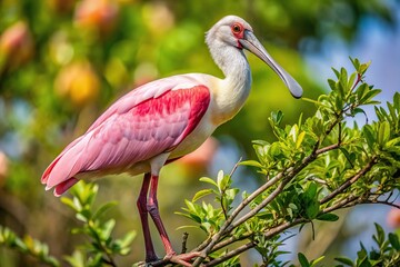 Closeup of a Roseate spoonbill perched in a tree Low Angle