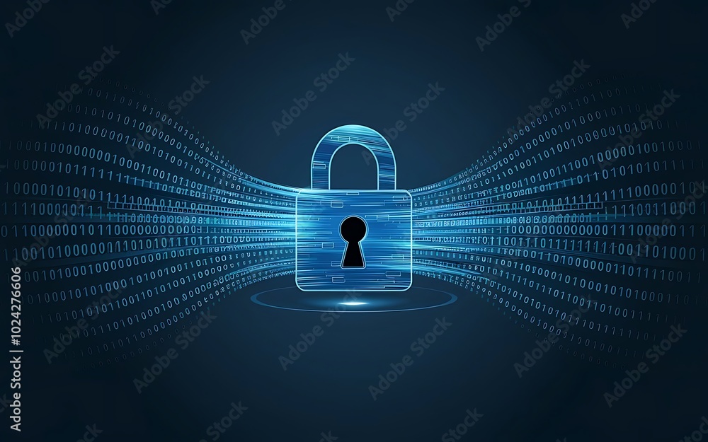 Poster digital fortress: a glowing blue padlock stands strong amidst a swirling sea of binary code, symboli