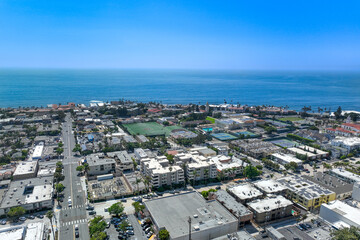 Aerial view over La Jolla with big villas and ocean in the background, San Diego, California, USA