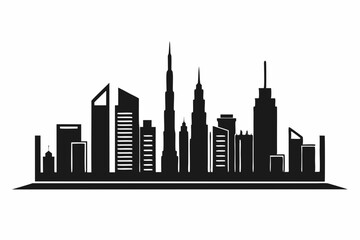 Dubai City Skyline Silhouette, City Buildings Black Silhouette Vector, Dubai Skyline Cityscape Silhouette