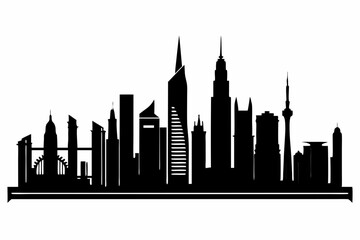 Naklejka premium Dubai City Skyline Silhouette, City Buildings Black Silhouette Vector, Dubai Skyline Cityscape Silhouette