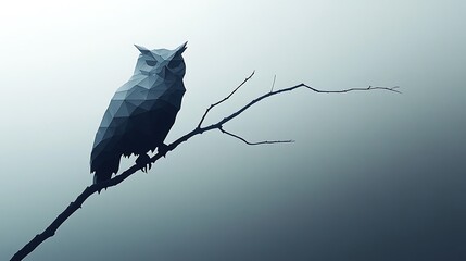 Abstract owl silhouette made from simple geometric forms, using negative space, perched on a thin curved branch, set against a gradient light grey background. Minimalist approach, smooth lines,