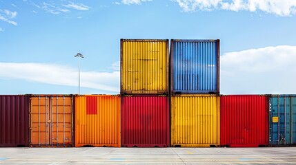 Fototapeta premium Colorful shipping containers stacked at an international port, symbolizing global trade and modern logistics, showcasing the backbone of international shipping and economic globalization.