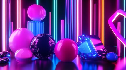 Abstract 3D render of colorful, glowing objects against neon lights.