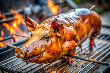 Close-up of a succulent roasted suckling pig cooking on a charcoal grill