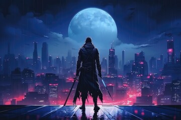 futuristic samurai standing on a building