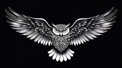 Fototapeta premium Abstract owl silhouette with wings spread, using clean, sweeping lines and no interior details, set against a solid black background. High contrast, focus on symmetry and balance,