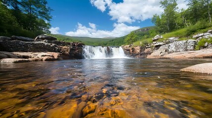 Breathtaking scenic waterfall cascading into a crystal clear pool surrounded by lush foliage and a serene natural environment